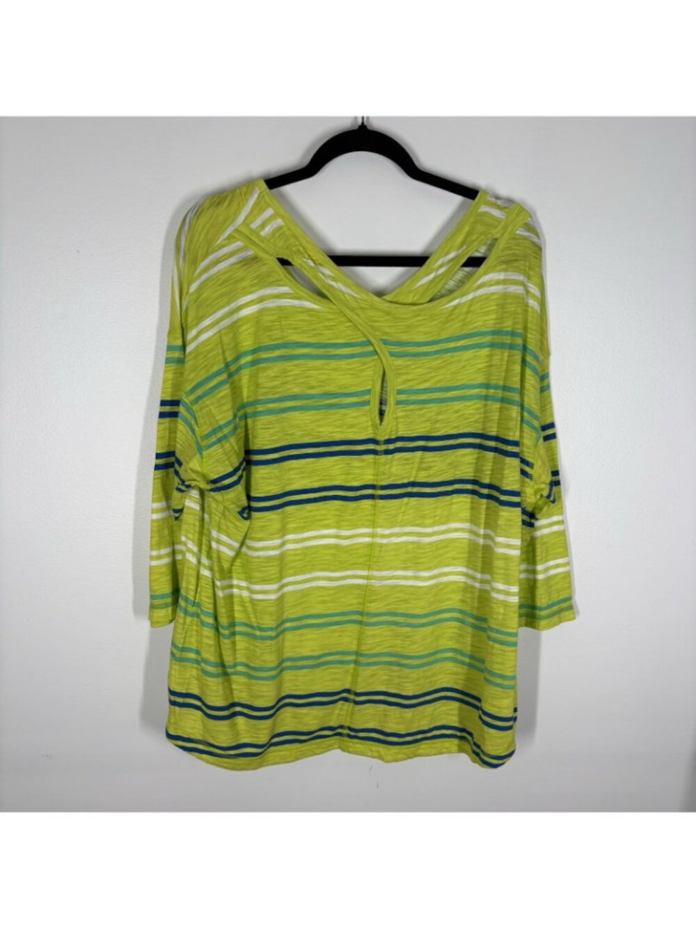 T By Talbots Women 2X Green Striped Cotton Blend 3/4 Sleeves Cross Back Top - Picture 10 of 11